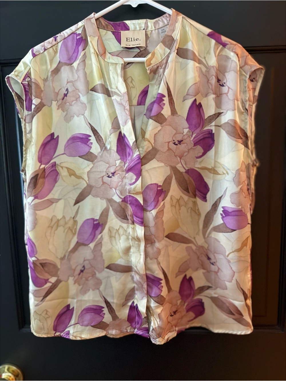 Tahari Floral Cap-Sleeve Silk Blouse in Purple and Cream - Picture 2 of 5